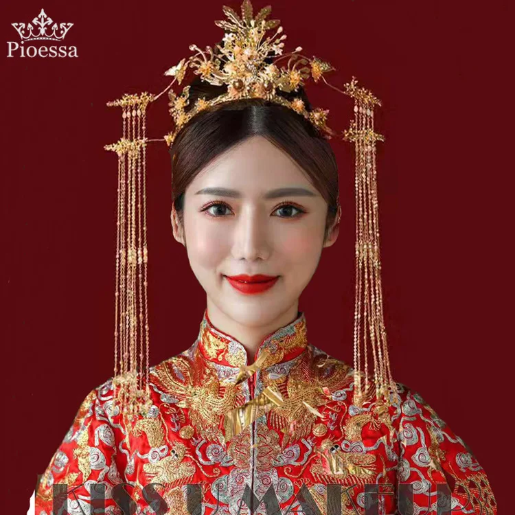 

Pioessa Bride New Style Ancient Costume Headwear Chinese Traditional Wedding Hair Phoenix Crown Palace Retro TASSEL EAR Set