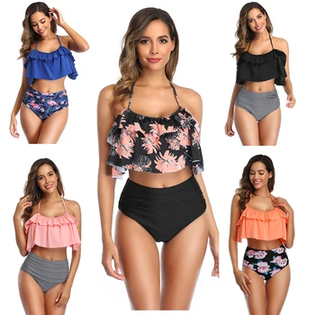 

High Waist Swimsuit 2020 Sexy Bikini Set One Shoulder Swimwear Women Print Floral Push Up Bathing Suit Beach Wear Biquini Female
