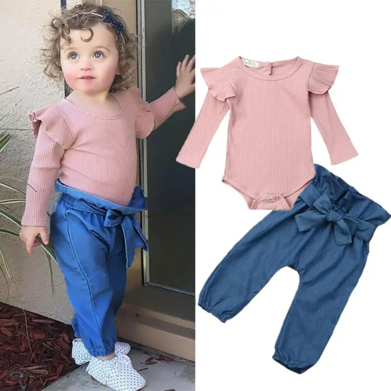 2pcs baby toddler Kids girls casual outfits top & rompers OVERALL SETS bowknot 