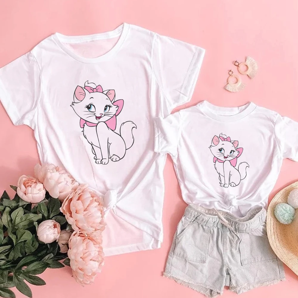Camiseta divertida de Disney de Los Aristogatos para mujer, camisetas de aspecto familiar de Marie y gato, camisetas Harajuku para niños y niñas