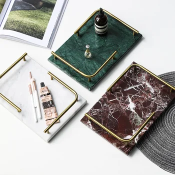 

Light luxury Nordic style stainless steel handle natural marble dessert tray storage jewelry tray storage flat plate