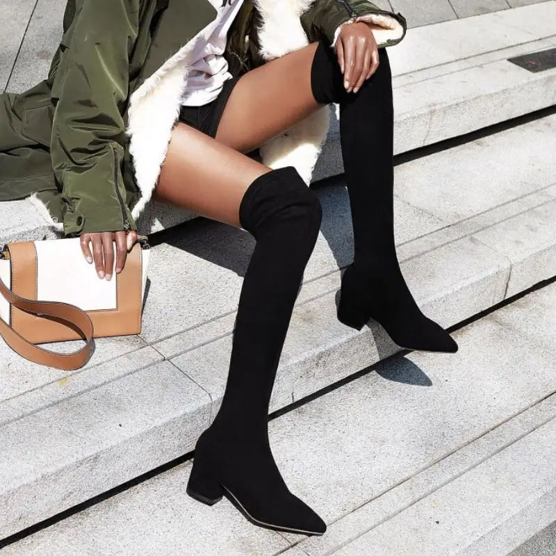 RIZABINA Size 34-43 Thigh High Boots Women Winter Keep Warm Fur Casual Shoes Women Over The Knee Pointed Toe Platform Boots
