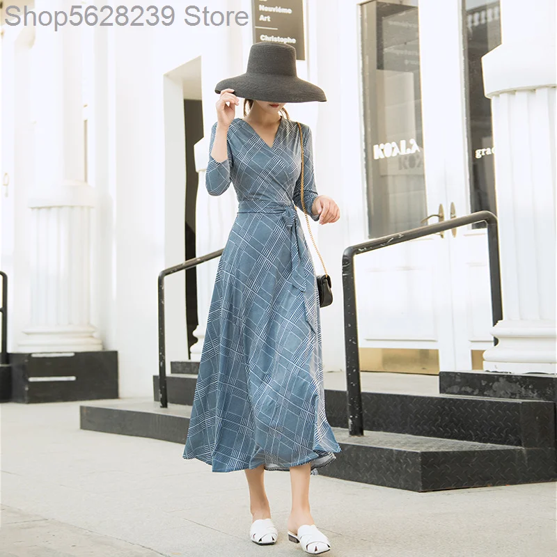

Wind Classic Gray Grid Department Show Female Human Taste Wrap Skirt Knitting Long Money Slim Fit Waist Dress Female