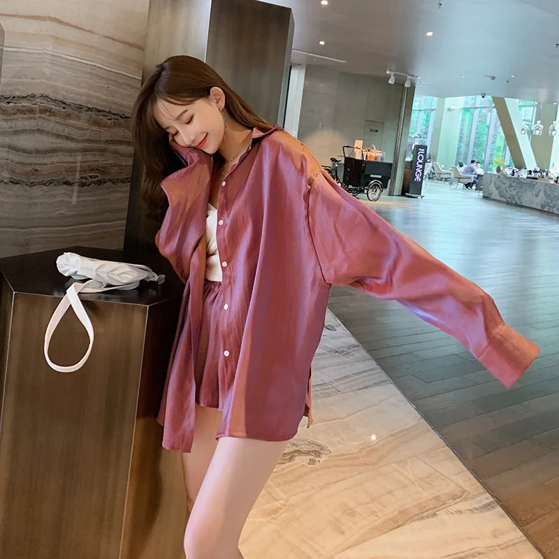 

Set Autumn Women's 2019 New Style Korean-style Fashion Wide-Leg Shorts + Casual Long Sleeve Color Changing Shirt Two-Piece Set F