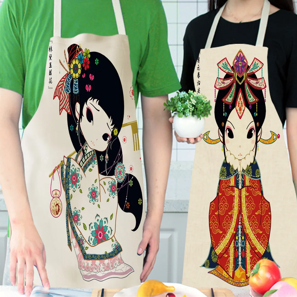 1 Pcs Girl Printed Kitchen Aprons for Women Home Cooking Baking Ancient Costume Beauty Waist Bib Cotton Linen Pinafore
