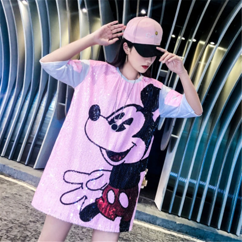 Women Plus Size Dress Short Sleeve Streetwear Casual Loose O-Neck Cartoon Sequin Party Club Summer Mini Dresses