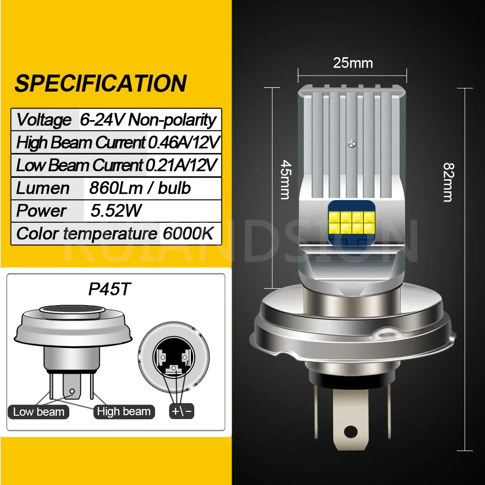 RUIANDSION 1Pcs 9003 HB2 HS1 P43T P45T R2 H4 LED Headlight Motorcycle Headlamp Bulb 860Lm High Low Beam Non Polar 6V-24V 12V