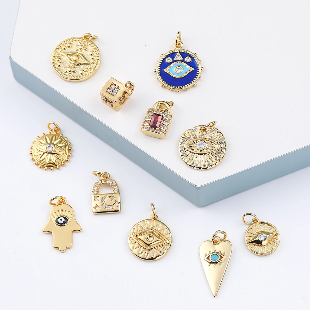 Turkish Evil Blue Eye Amulet Charms for Jewelry Making Supplies Gold Lock Charm Diy Pendant Designer Coin Necklace Bracelet CZ