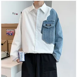Moda masculina camisas emendadas jeans algodão branco azul oversized shacket hip hop streetwear solto overshirt tamanho grande topo 2022