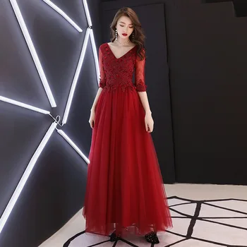 

Elegant Burgundy Evening Party Dress Qipao Full Length Lady Prom Dress V-neck Half Sleeve Mesh Robe De Soiree Vestidos PLUS SIZE