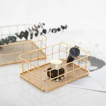 

Nordic Rose Gold Metal Wire Storage Basket Office Desktop Sundries Makeup Brushes Holder Table Cosmetics Organizer Iron Basket