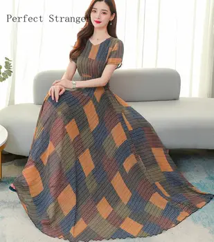 

2020 Summer New Arrival High Quality Elegant Color Block Round Collar Short Sleeve Women Chiffon Long Dress