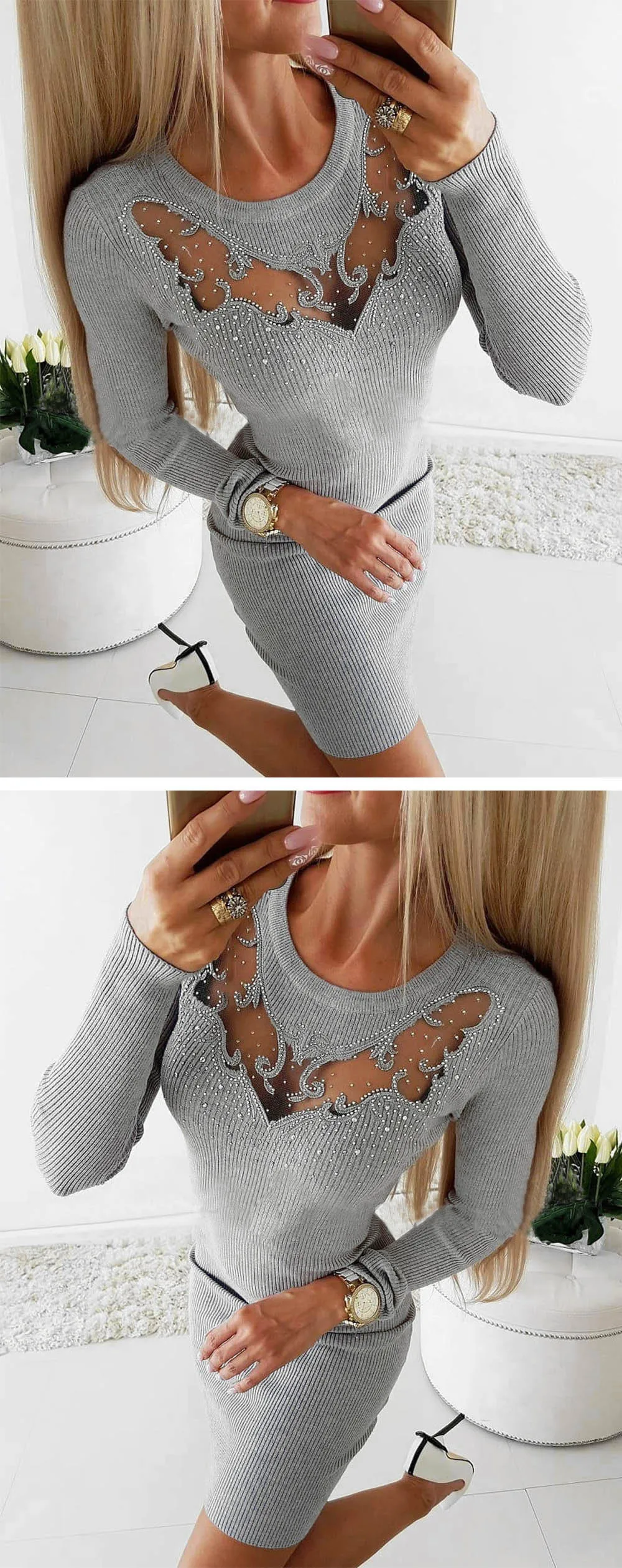 Модное женское платье Feitong, Vestidos, сексуальное, с длинным рукавом, из прозрачной сетки, в стиле пэчворк, бодикон, повседневное, для работы