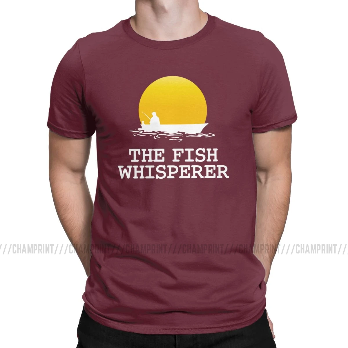 Для мужчин футболки рыба Whisperer Смешные натуральный хлопок Футболка короткий рукав Рыбалка смешные ботинки в рыбацком стиле; футболка с круглым вырезом Костюмы - Цвет: Бургундия