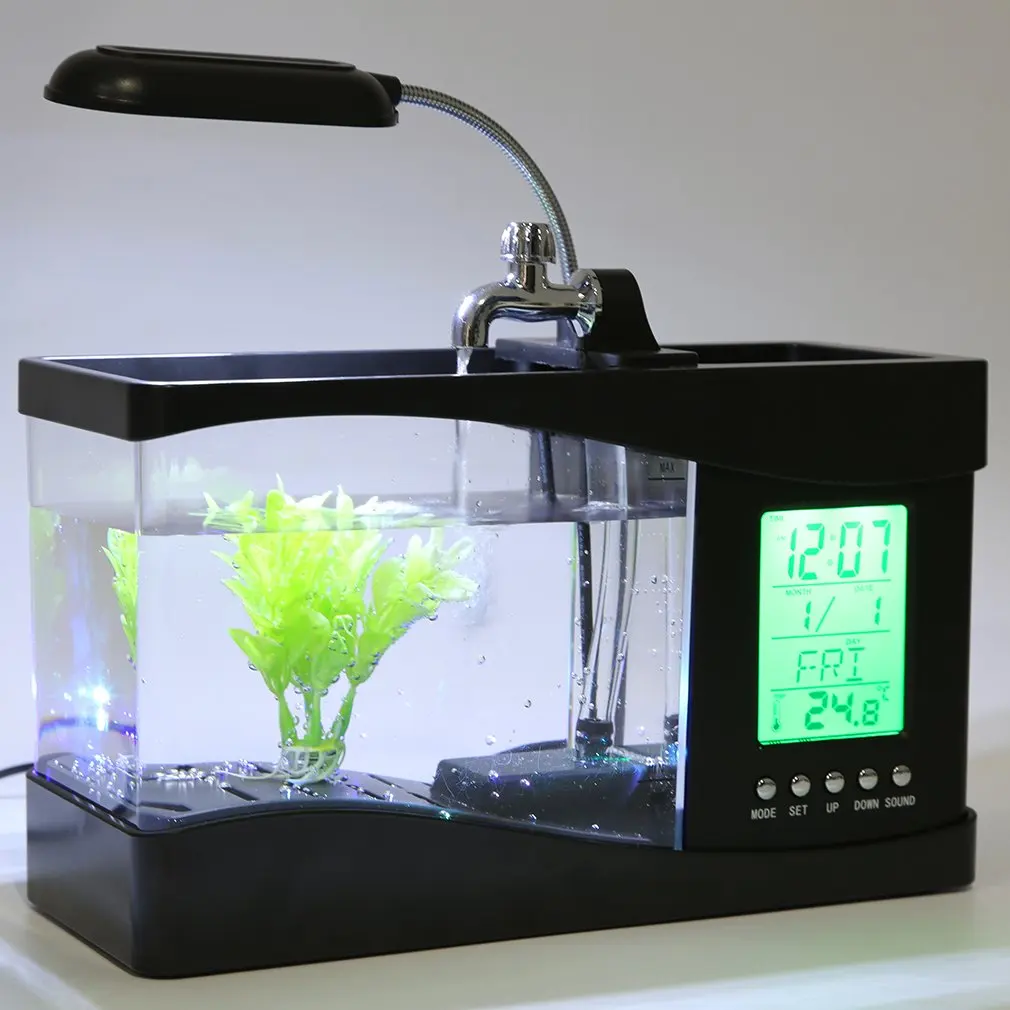 1.5L USB Desktop Mini Fish Tank Aquarium LCD Timer Alarm Clock LED Lamp Light Black recirculation Temperature Calendar