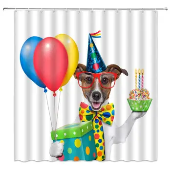 

Birthday Party Shower Curtain Decor Waiter Dog with Hat Cone Cupcake Balloons Celebration Boxes Fabric Bath Curtains Bathroom