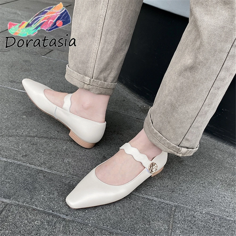 

DORATASIA Brand Girl Square Toe Low Heel Metal Buckle Belt Pumps Genuine Leather Pumps Women Office Casual Shoes Woman