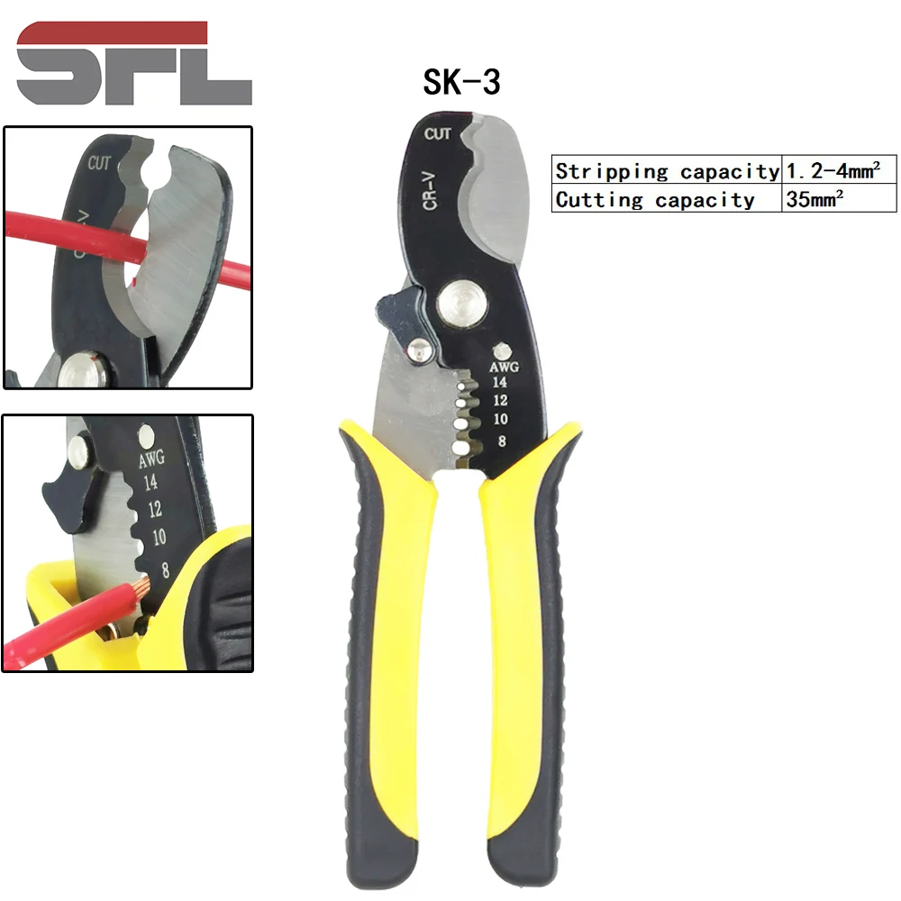 

Multi-function cutter stripper pliers SK-3 cutting capacity less than 35mm2 wire srtipping capacity 1.2-4mm2 Electrical tools