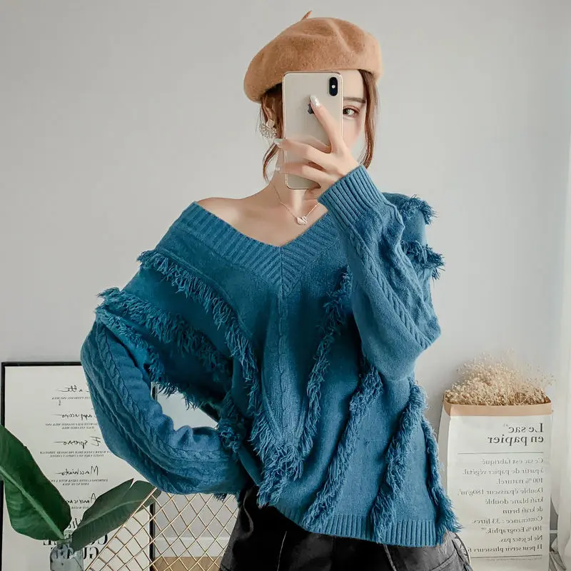 

Autumn Winter Apricot Full Sleeve Tassel Elastic Pullovers Sweaters Women Solid Soft Bottoming Knitted Sweater Female Jumper
