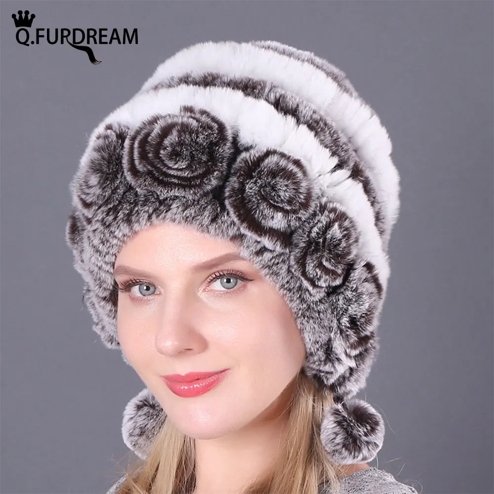 шапка женская Женская тканевая подкладка Q.FURDREAM зимняя теплая с натуральным из