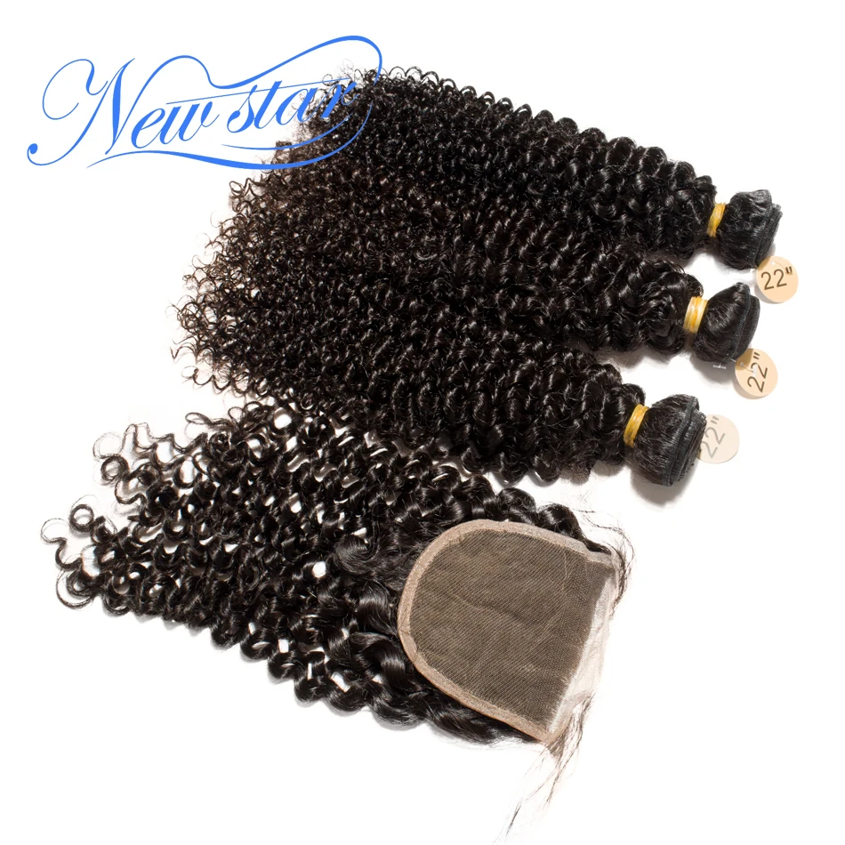 Brazilian Afro Kinky Curly Virgin Hair 3 Bundles Weaving With Lace 4x4 Closure New Star Human Hair Product And Free Part Closure