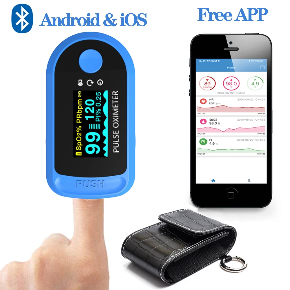 

Bluetooth fingertip pulse oximeter blood pressure monitor Spo2 PR PI Android & iOS background monitoring with protection bag FDA