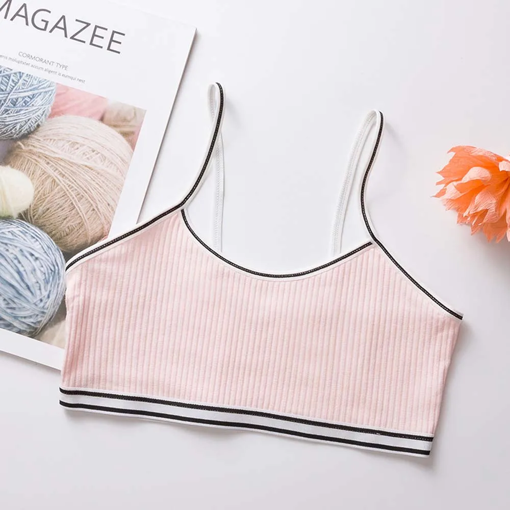 1PC Teenage Puberty Girl Sweet Candy Color Bra Underwear Striped Patchwork Thread Ribbed Wireless Bralette Vest - Цвет: Pink