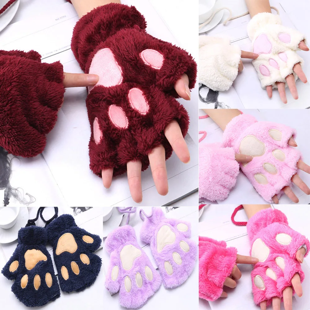 Зимние женские перчатки с когтями из мультфильма Kawaii, полуперчатки с бархатом, Утепленные зимние теплые перчатки ручной работы