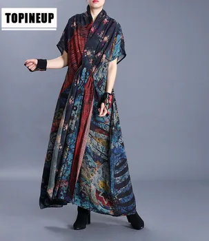

Summer Retro Short-Sleeved Stand Collar Dress V Neck Printing Popular elegant Long Dresses With Pocket Loose Jupe ga39