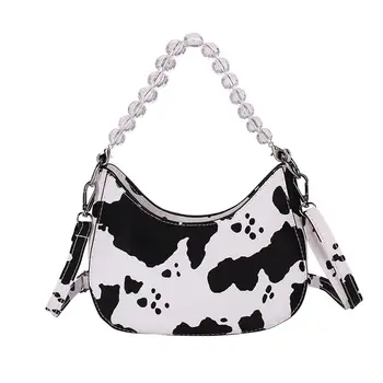 

Acrylic Chain Underarm Shoulder Bag Cow Pattern PU Leather Women Handbag Tote Popular Simple Female Daily Bag