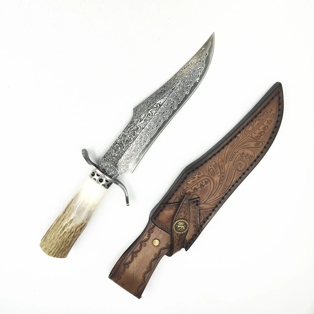 Carving Design Straight Knife Damascus Steel Antler Handle Survival  Tactical Hunting Outdoor Camping Knives With Leather Sheath|Knives| -  AliExpress