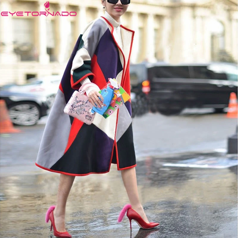 

2018 New Fashionable Long Sleeves Block Splicing Overcoat Round Neck Keep Warm Loose Elegant Temperament Women's Windswear 061