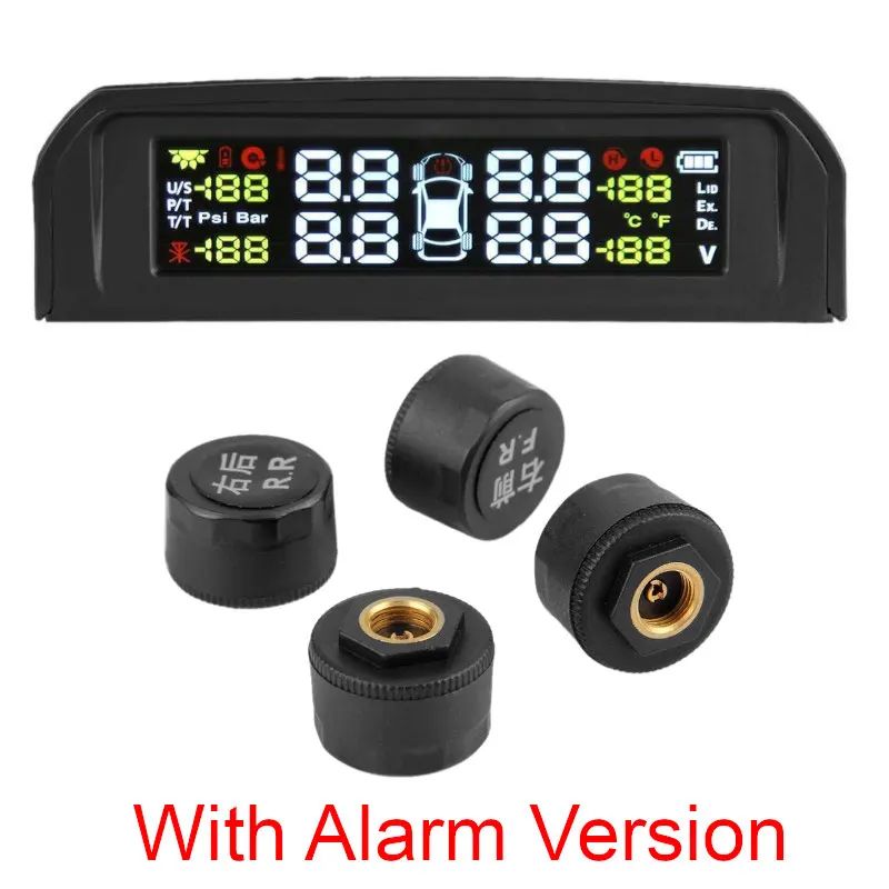 Солнечная TPMS беспроводная система контроля давления в шинах ЖК-монитор давления в шинах с 4 внешними датчиками аксессуары для автосигнализации - Тип: with Alarm