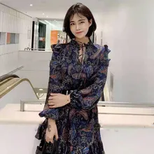 M Home 019 осеннее и зимнее Новое Стильное женское платье с v-образным вырезом и цветочным принтом M Fpro00555