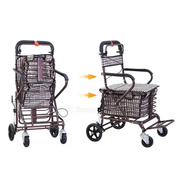 

Foldable Shopping Cart Can Sit and Push Scooter Four Wheels Folding Trolley For Elderly Shopping Cart with Brake/Storage Basket