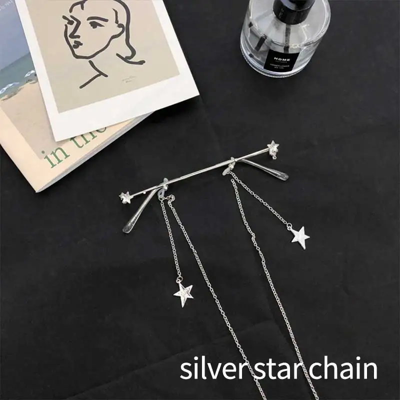 silver star chain Модные фирменные дизайнерские Звездные Хрустальные подвесные украшения, полуоправа для очков, сплав, без линз, женские очки, TikTok очки - Цвет оправы: silver star chain
