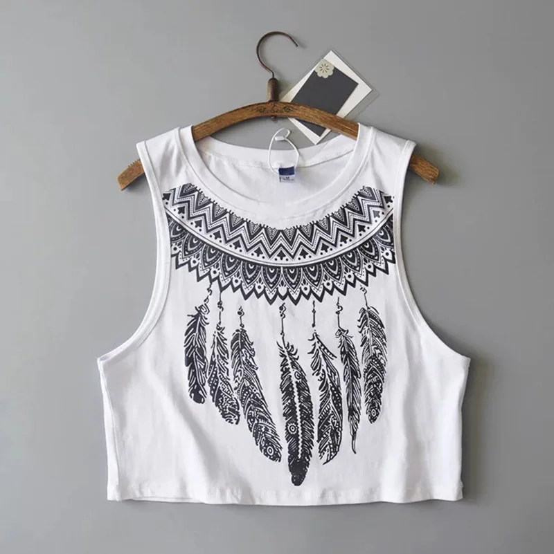 Feather white Новые женские майки свободные готические символы Луна солнце печать укороченный топ без рукавов топики майка - Цвет: Feather white