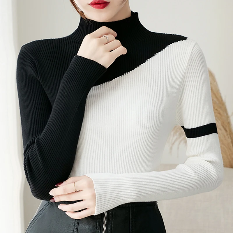 

2019 Fashion Patchwork Color Woman Sweater Autumn And Winter Knitted Turtleneck Sweaters Casual Soft Femme Elasticity Pullovers