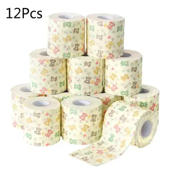

12pcs Cartoon Bear Pattern Home Bath Toilet Roll Paper Wood Pulp 3 Layers Tissue