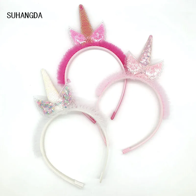 

1Pcs Cute Can Flip plastic Sequins Glitter Unicorn Hairband Plush Unicorn Cat Ears Kid Party Cartoon Headband Hair Accessories