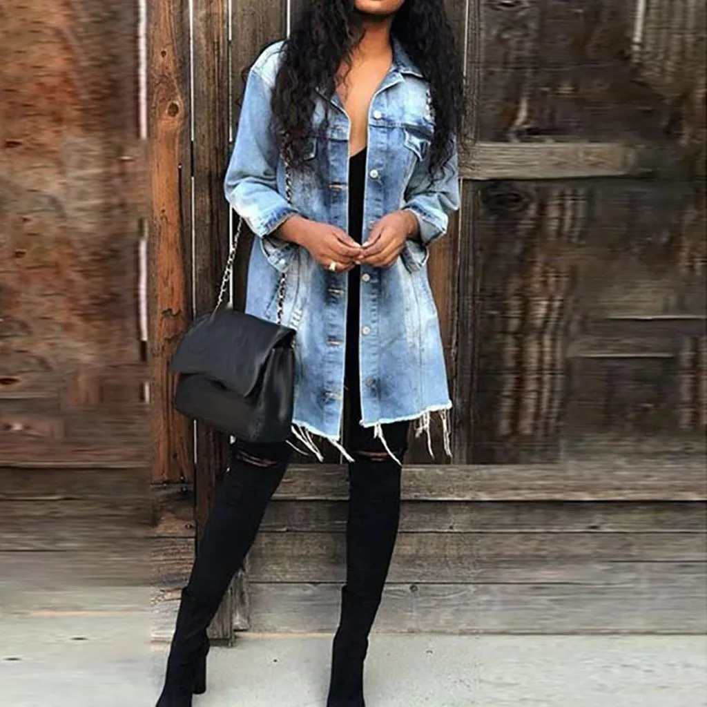 Jean Outerwear& Coats Jackets Women Button Long Sleeve Pockets Denim Hole Open Front Jean Jacket Overcoat Tops jaqueta feminina
