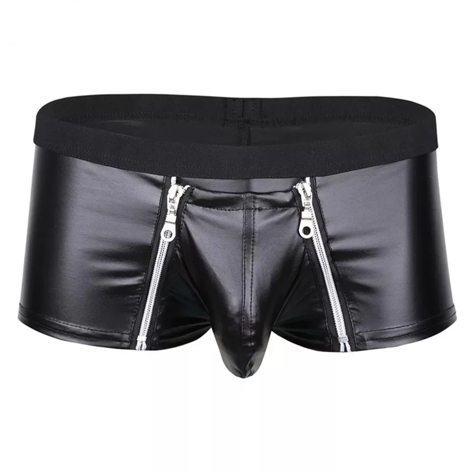 

Mens Sexy Leather Lingerie Open Crotch Short Pants For Sex Soft Latex Fetish Boxer Crotchless Leather Underwear Bulge Pouch Sexi