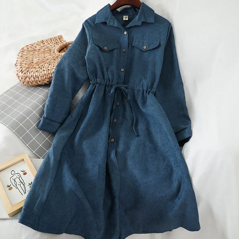 navy blue SINGRAIN, женское вельветовое платье, винтажная уличная одежда, рукава-фонарики, миди, французское Романтическое Платье, Осеннее корейское длинное платье-рубашка - Цвет: navy blue