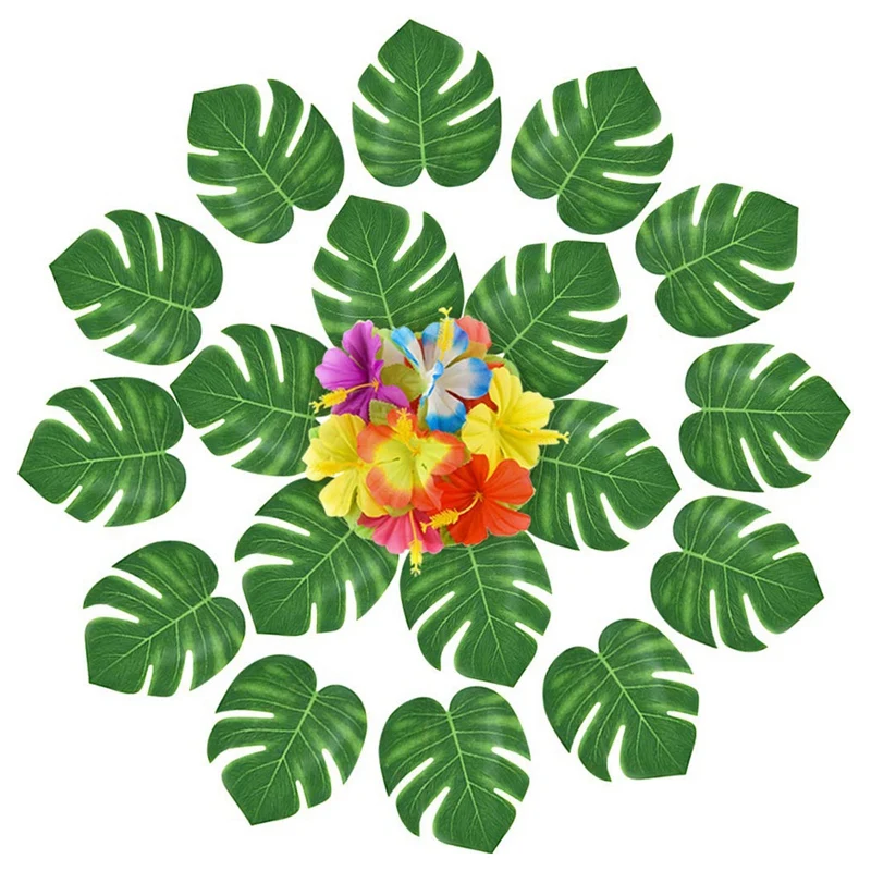 

Set Of 120 Hawaii Style Decorating Pieces for Summer with Palm Leaves and Artificial Hibiscus Flowers - Tropical Plants - Birthd