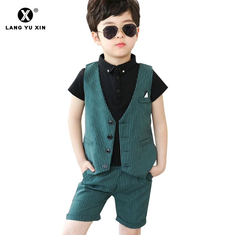 

4 Pcs Children's Slim Fit Classic Plaid Suits Set Kids Formal Velvet Boys Suit with Vest Shorts Pants Shirt and Bow Tie
