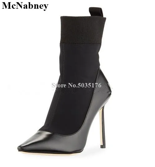 

McNabney Women Short Boots Slip-On Elastic Fabric Pointed Toe Mid-Calf Ladies Boots Stiletto Heel Fashion Solid Sexy Women Shoes