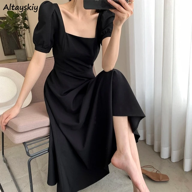 Vestido de mujer con cuello cuadrado, largo, negro, elegante, Vintage, FRANCÉS - AliExpress