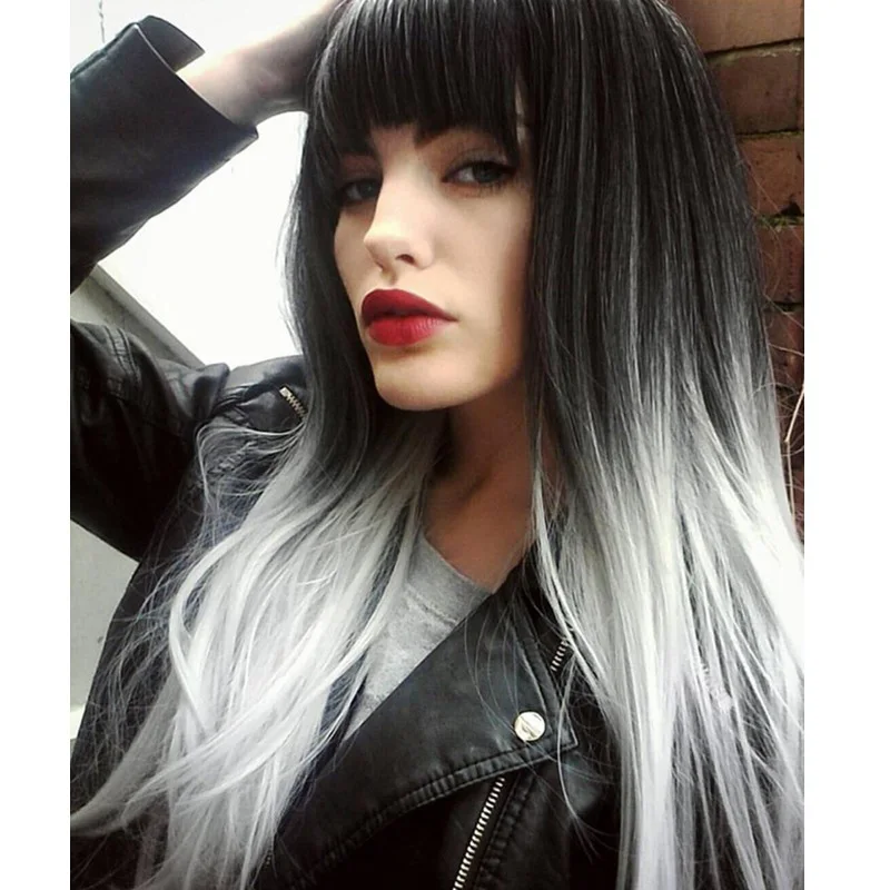 Peluca de cabello sintético para mujer, cabellera larga y lisa con flequillo, fibra de alta temperatura para fiesta, Cosplay, color gris, Negro, Rosa y verde