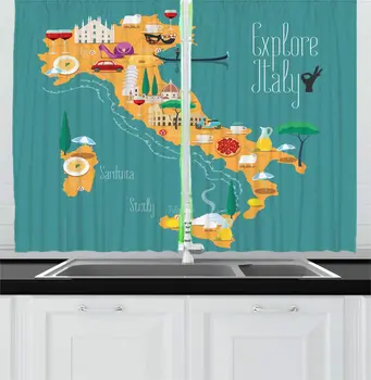 

Cadet Blue Multicolor Sicily Kitchen Curtains Famous Touristic Attraction Symbols Ornamented Map Italy Image Window Drapes