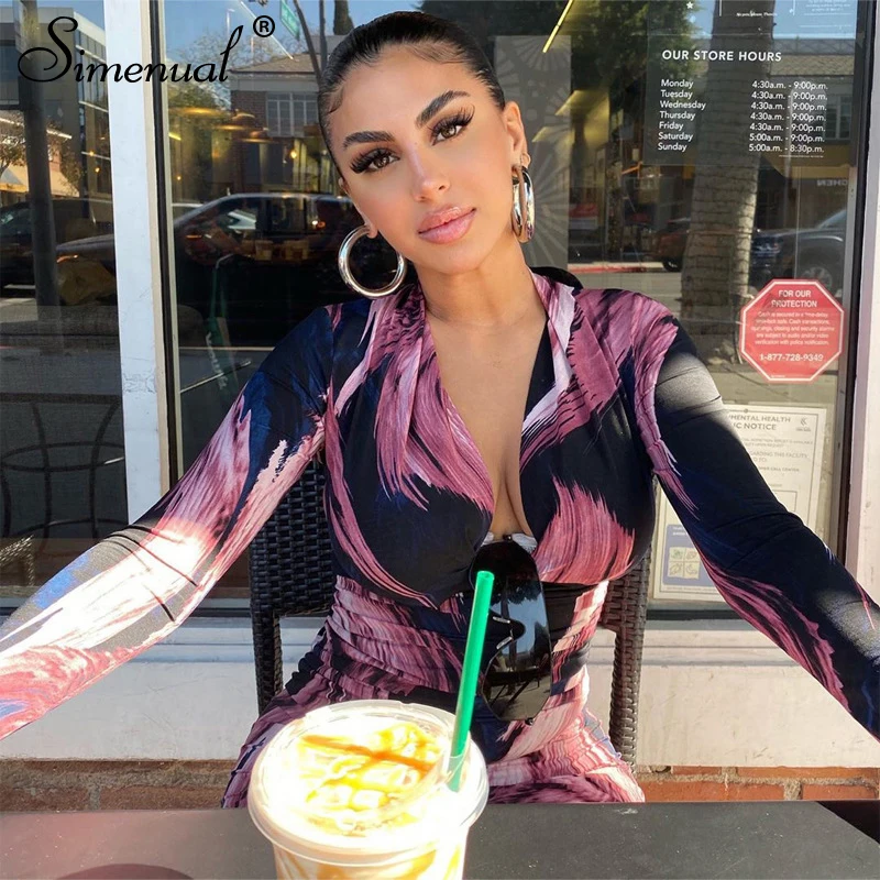 Skup Simenual głębokie V Neck Skinny kobiety sukienki bandażowe typu bodycon drukuj Sexy seksowna odzież klubowa moda 2019 z długim rękawem do kolan na imprezę sukienka kobieta Slim